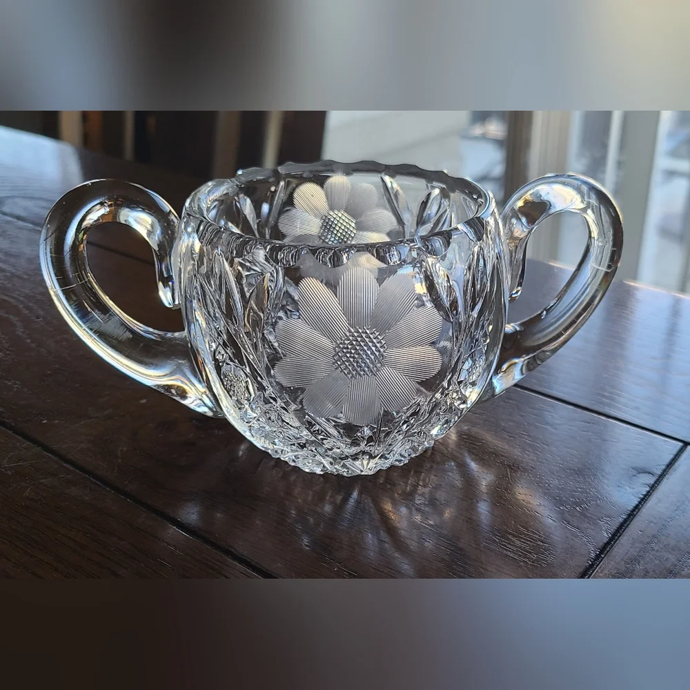 American Brilliant  cut glass sawtooth etched flower creamer & sugar bowl